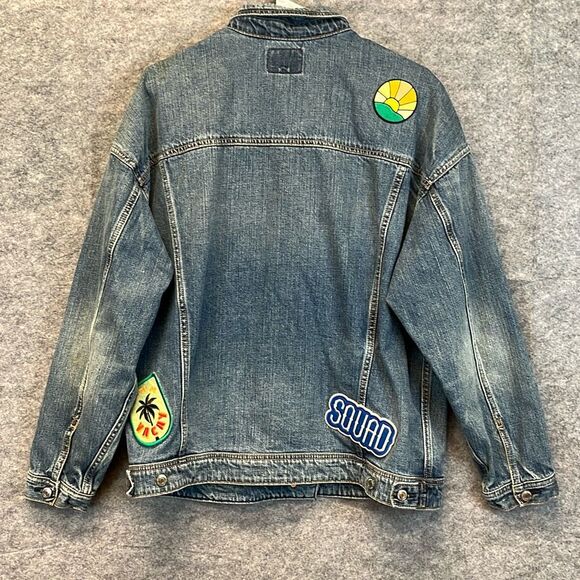 AMERICAN EAGLE Denim Jean Jacket Women's Large Blue Patches Boyfriend Trucker - Picture 11 of 16